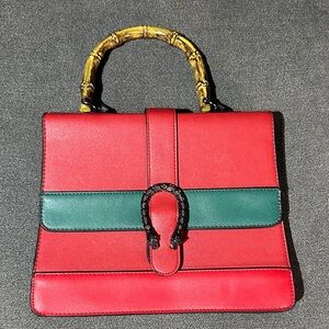 Elegant Red and Green Handbag with Bamboo Handle